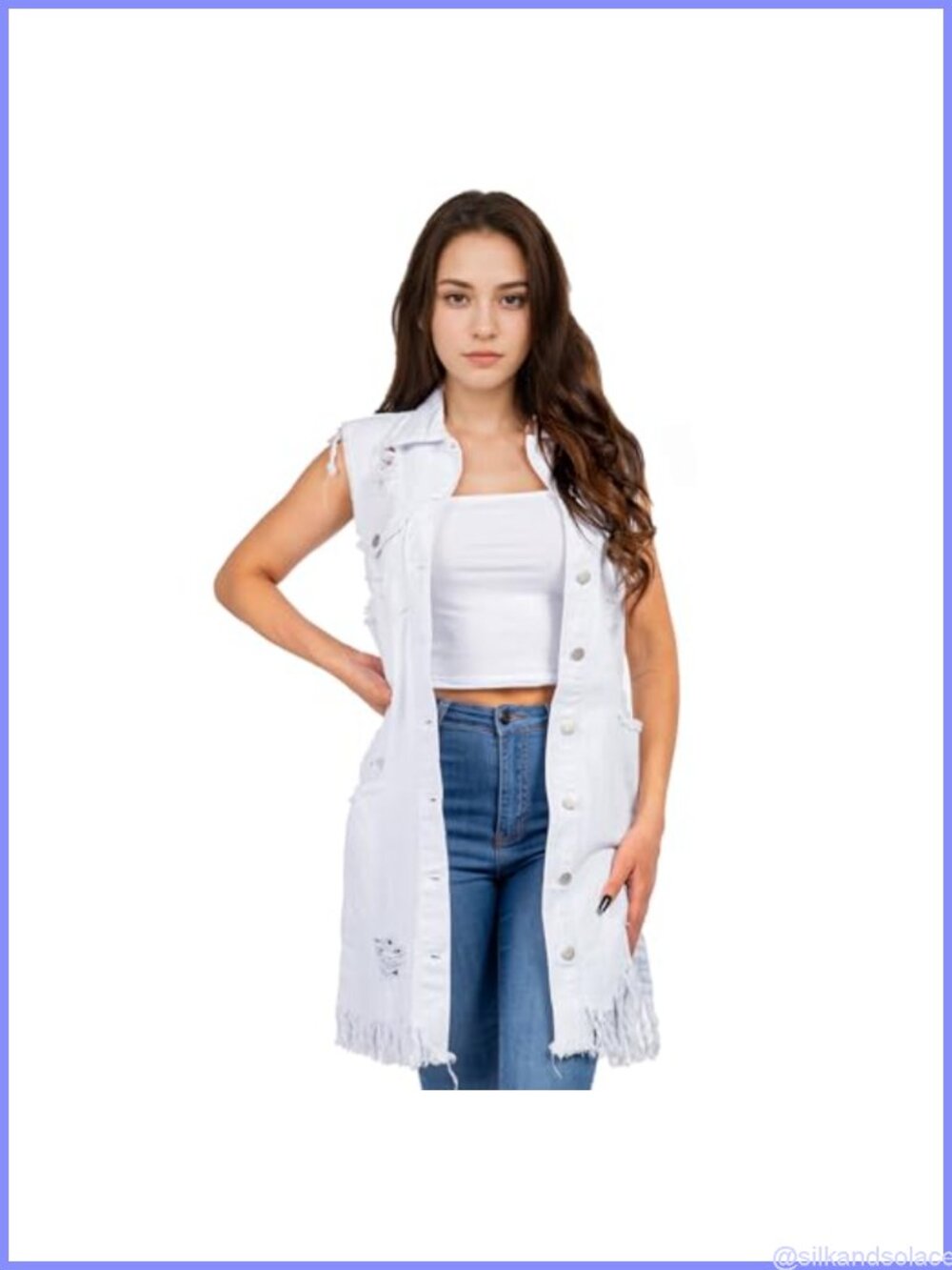 Women's Sleeveless Denim Jacket - Distressed Poncho Vest Coat